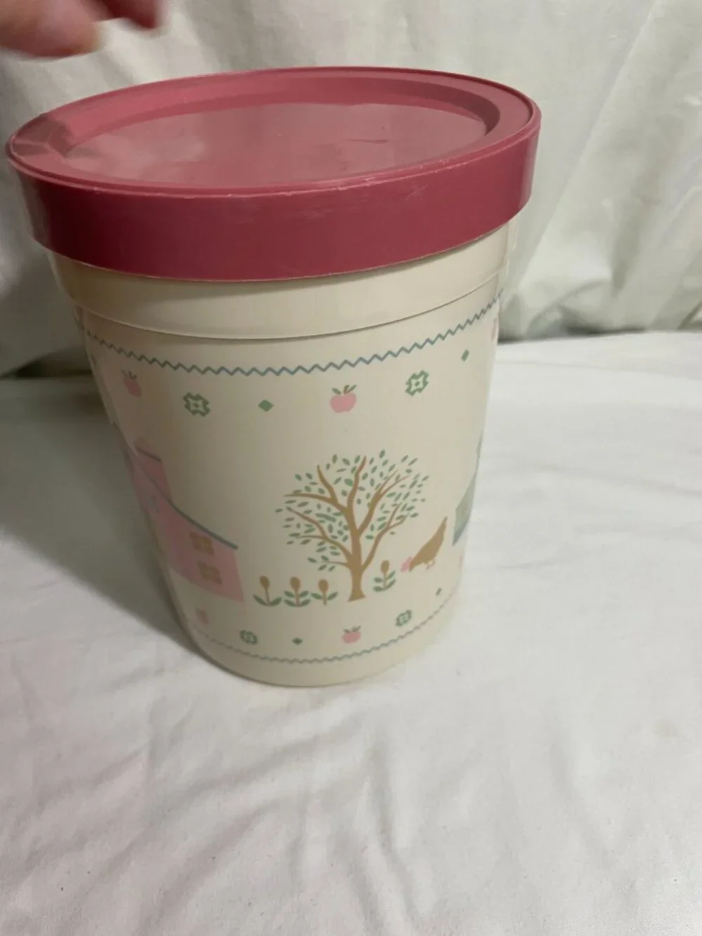 Vintage Plastic Canister Storage Container Pink Lid Farm Country Cottage Kitchen